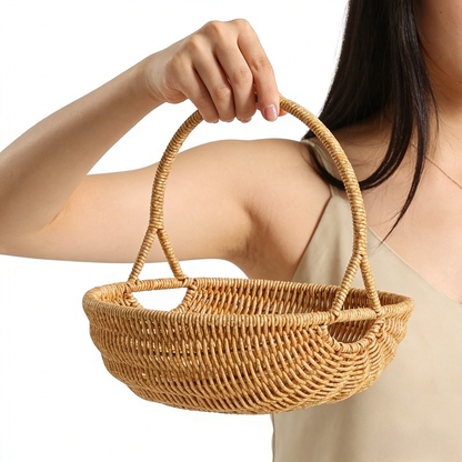 Handwoven Rattan Storage Basket with Carry Handle in Light Brown Medium Drain-Basket Format
