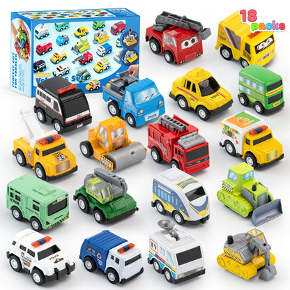 18-Piece Pull Back Mini Cars Set for Kids, City Vehicles Fire Truck Police Car School Bus Freight Train