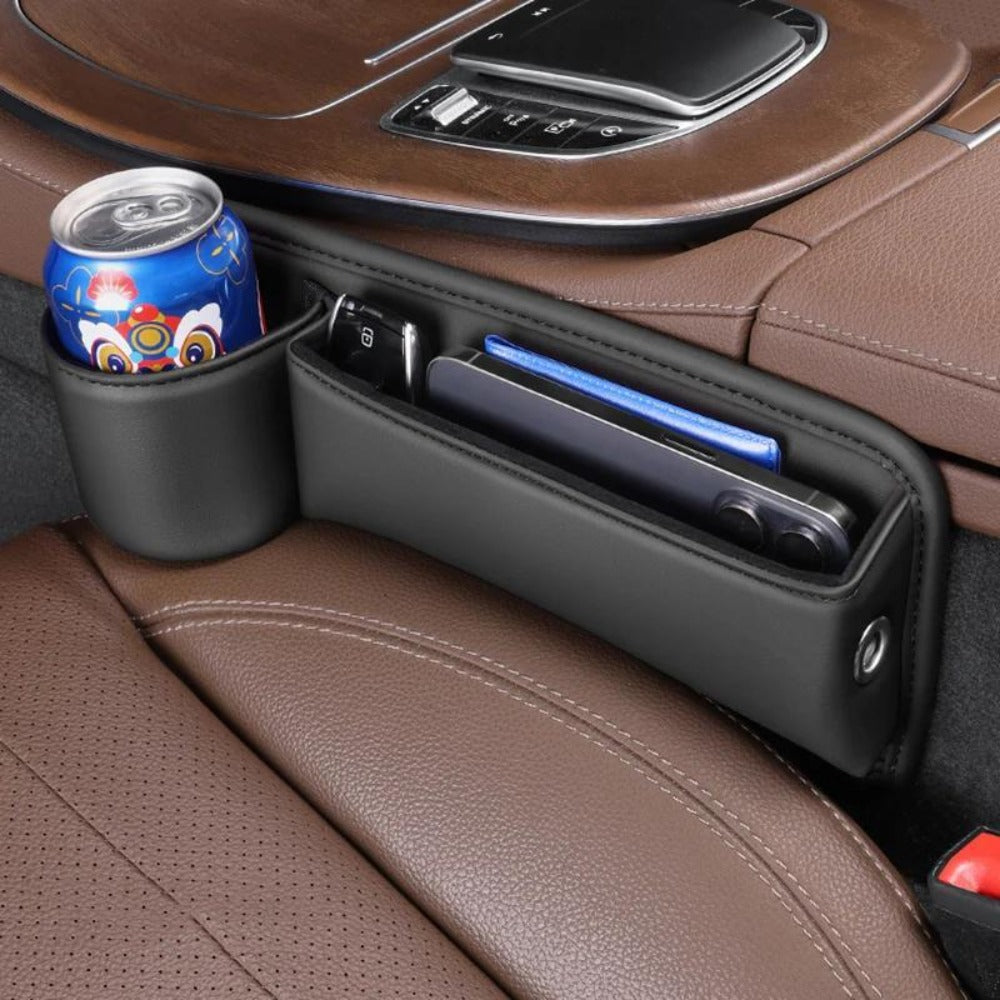 Seat-Gap Car Organizer with Cup Recess and Phone Storage in Four Color Pairs or Left-Side Black Pack
