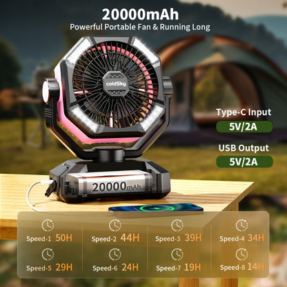 Camping Fan Battery Powered 20000mAh, Dual Motor 8-Speed Portable Tent Fan with Remote Control, 4 LED Lanterns and Hanging Hook