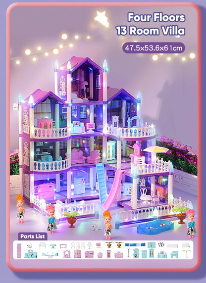 LED Dollhouse Playset for Girls, Purple Multi-Room Playhouse with Doll Figures, Puppies, Furniture & LED Lighting