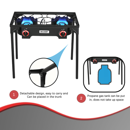 Propane Camping Stove Cast Iron 1, 2 or 3 Burner with Detachable Legs, 20 PSI High-Pressure Regulator
