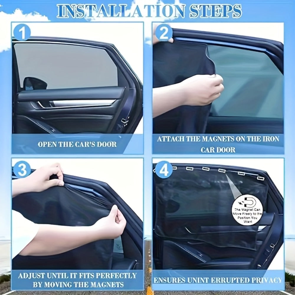Car Sunshade Magnetic 4-Piece Set with 8 Magnets | Black Mesh UV Protection Window Blocker, Privacy Screen, Easy Install