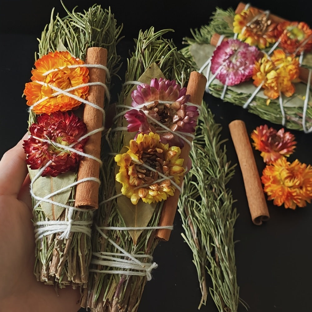 Rosemary Cinnamon Dried Flower Bundles 5pcs, Handmade Aromatic Home Decor Sticks with Bay Leaves & Daisies