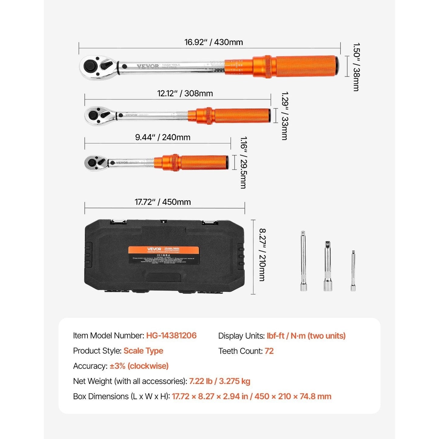 Click Torque Wrench Set 3-Piece – 1/4 3/8 1/2 Inch Drive, Dual-Direction 72-Tooth Reversible Ratchet, ±3% Accuracy with Calibration