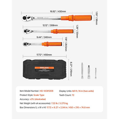 Click Torque Wrench Set 3-Piece – 1/4 3/8 1/2 Inch Drive, Dual-Direction 72-Tooth Reversible Ratchet, ±3% Accuracy with Calibration