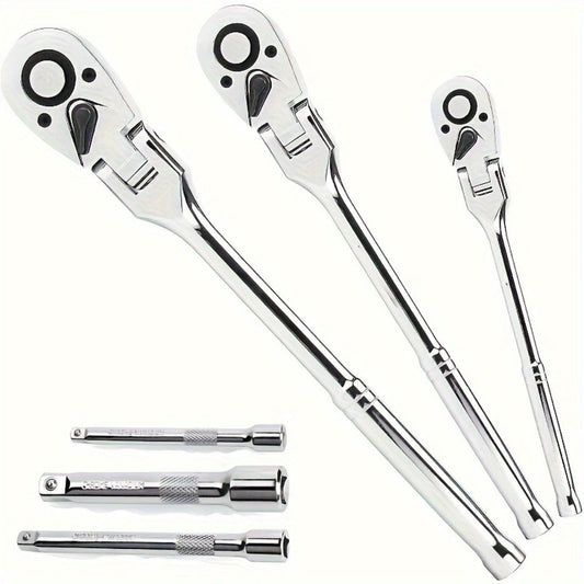 6-Piece Ratchet Wrench Set 1/4" 3/8" 1/2" Drive – Rotating Head Ratchet with Extension Bar, Chrome-Plated Stainless Steel