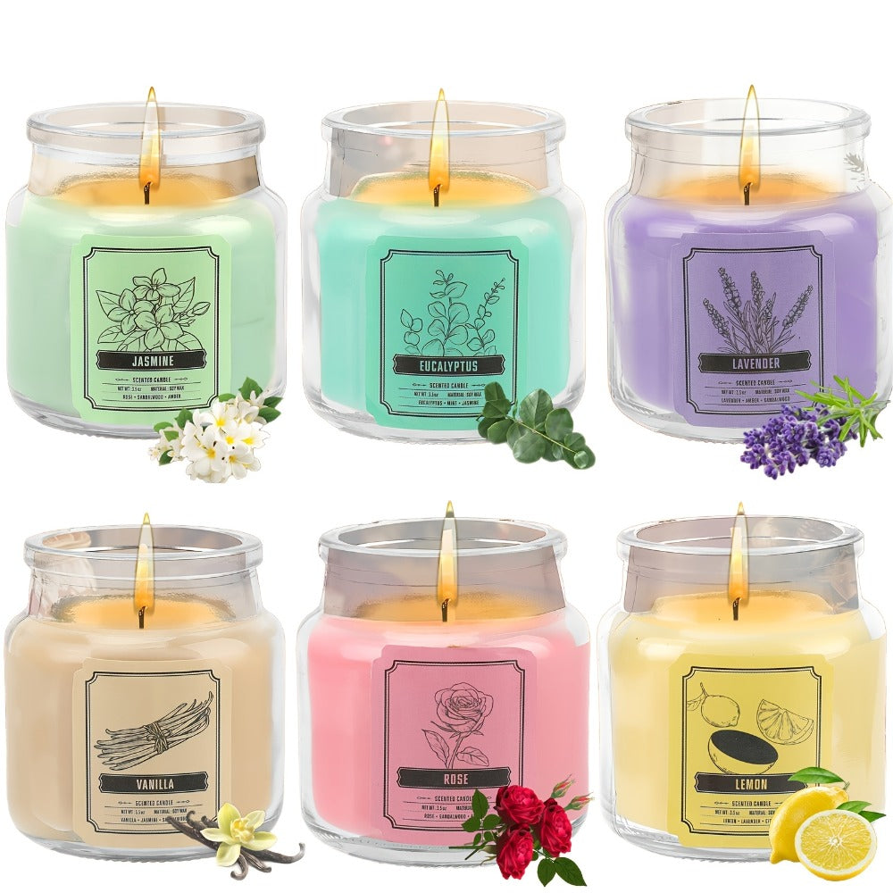 Six-Piece Candle Gift Set with 3.5oz Glass Jars, Fitted Lids, Six Fragrances and Coordinated Gift Box