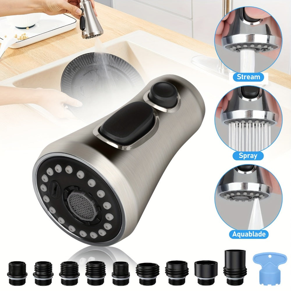 Kitchen Faucet Sprayer Head 3 Function Pull Down Replacement with 9 Adapter Kit Stream Spray for Home Plumbing Maintenance and Repair