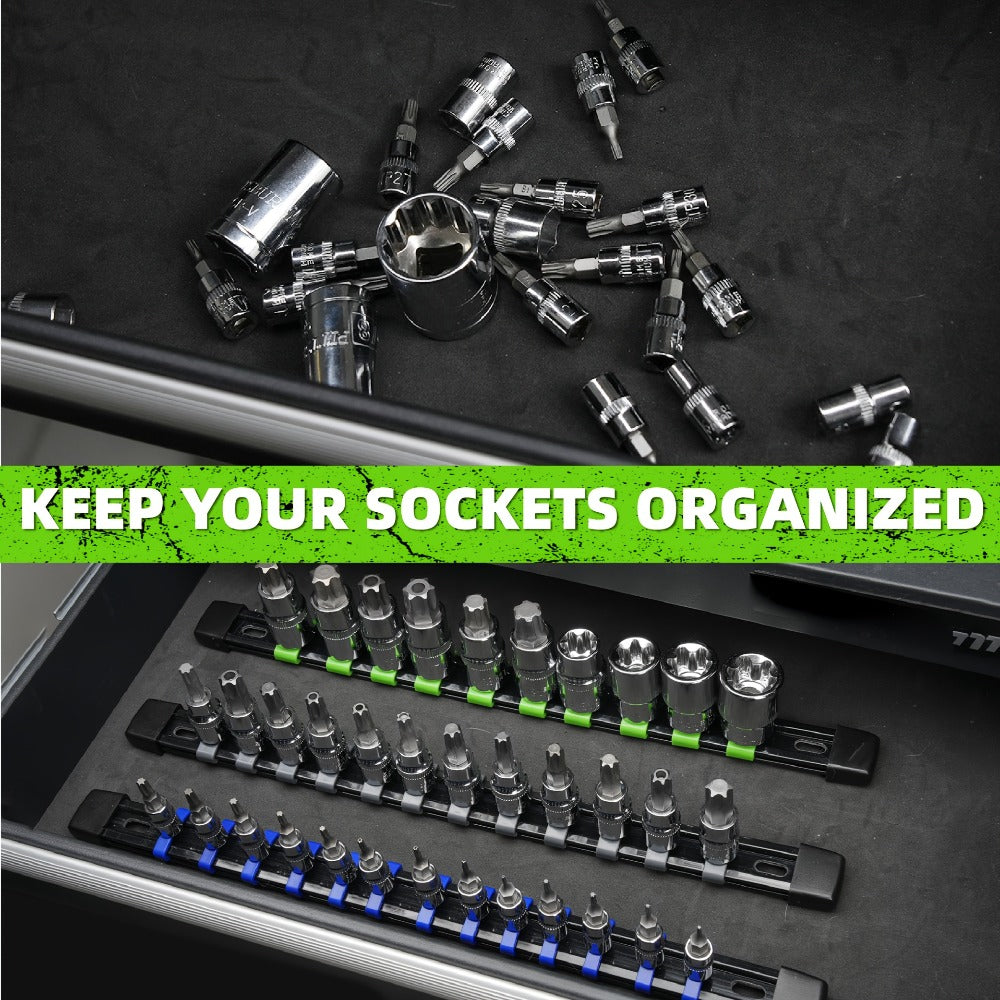 Socket Organizer Set with Rails – Heavy Duty ABS Socket Holder Rack for 1/4", 3/8" & 1/2" Drive – Tool Storage Kit for Toolbox