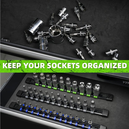 Socket Organizer Set with Rails – Heavy Duty ABS Socket Holder Rack for 1/4", 3/8" & 1/2" Drive – Tool Storage Kit for Toolbox