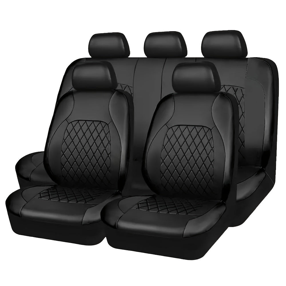 Five-Seat Quilted Car Seat Cover Set with Headrest Pieces in Black, Gray and Blue-Trim Color Options