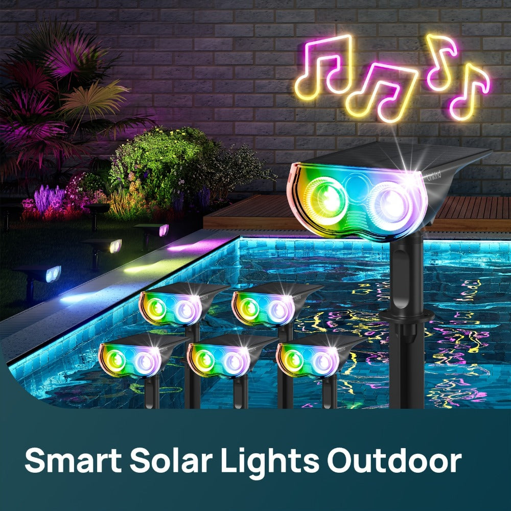 Solar Outdoor Spotlights RGB Smart Color Changing, App & Voice Control, Music Sync, 16M Colors, 14H Battery