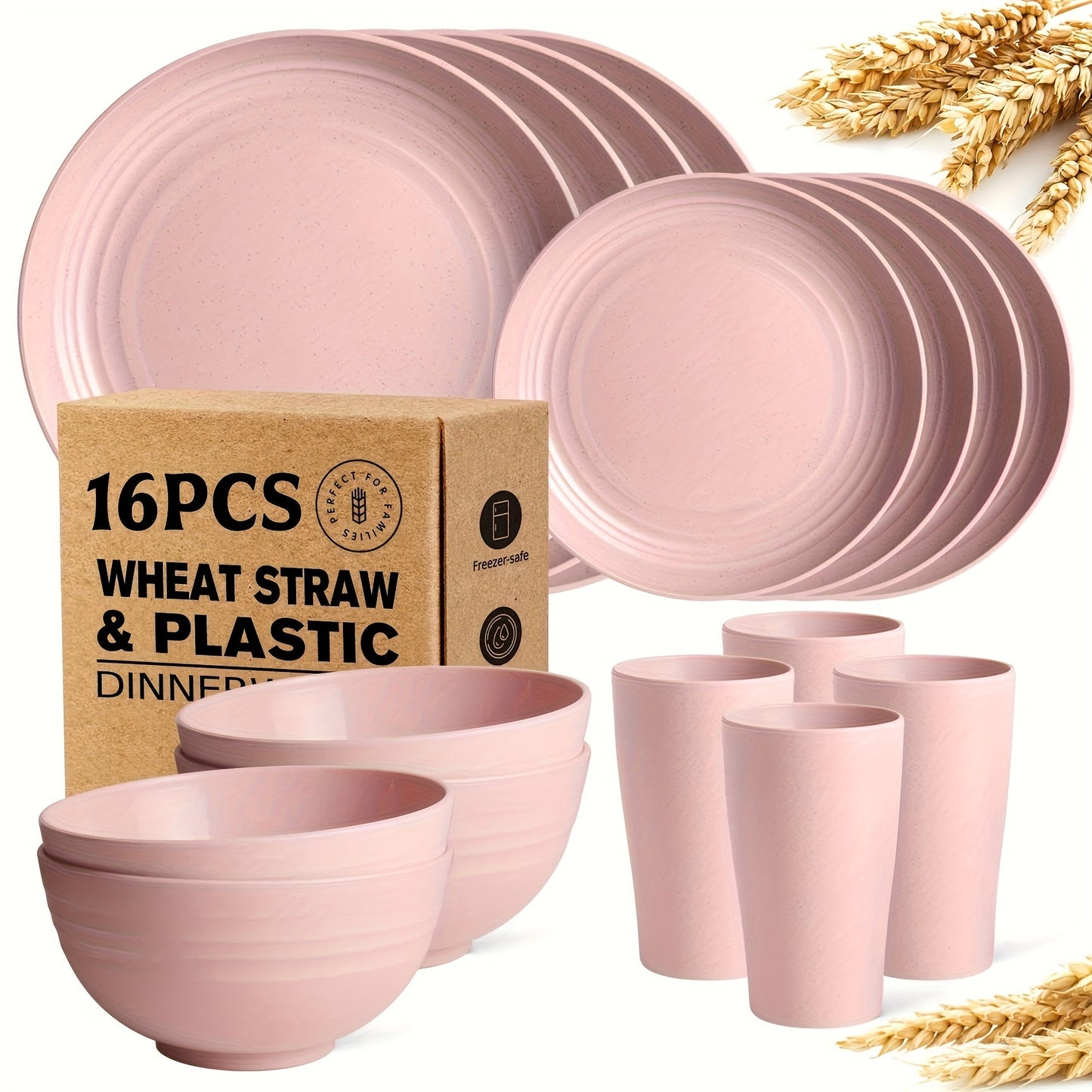 Wheat Straw Dinnerware Set 16 or 32 Piece – Plates & Bowls for 4 or 8 People, Microwave & Dishwasher Safe Plastic Dish Set