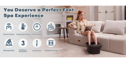 Collapsible Foot Spa Bath with Heat Bubble Massager & Remote Temperature Control – 3 Pedicure Attachments Foldable Foot Soak Tub with Handle