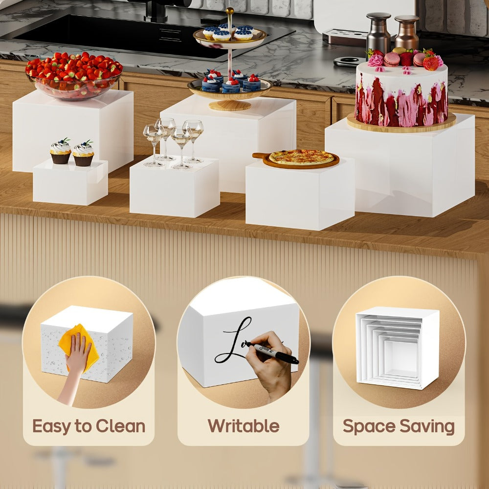 Buffet Risers Display Stand 6pcs - White Acrylic Food Risers for Buffet Table Party Catering for Entryways, Bedrooms and Living Spaces