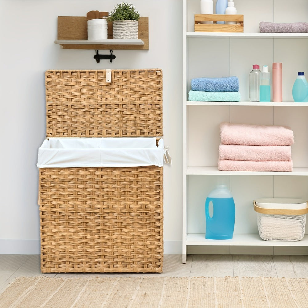 Lidded Woven Laundry Hamper with Removable Liner in Goose Yellow or Dove Gray and Two Capacity Labels