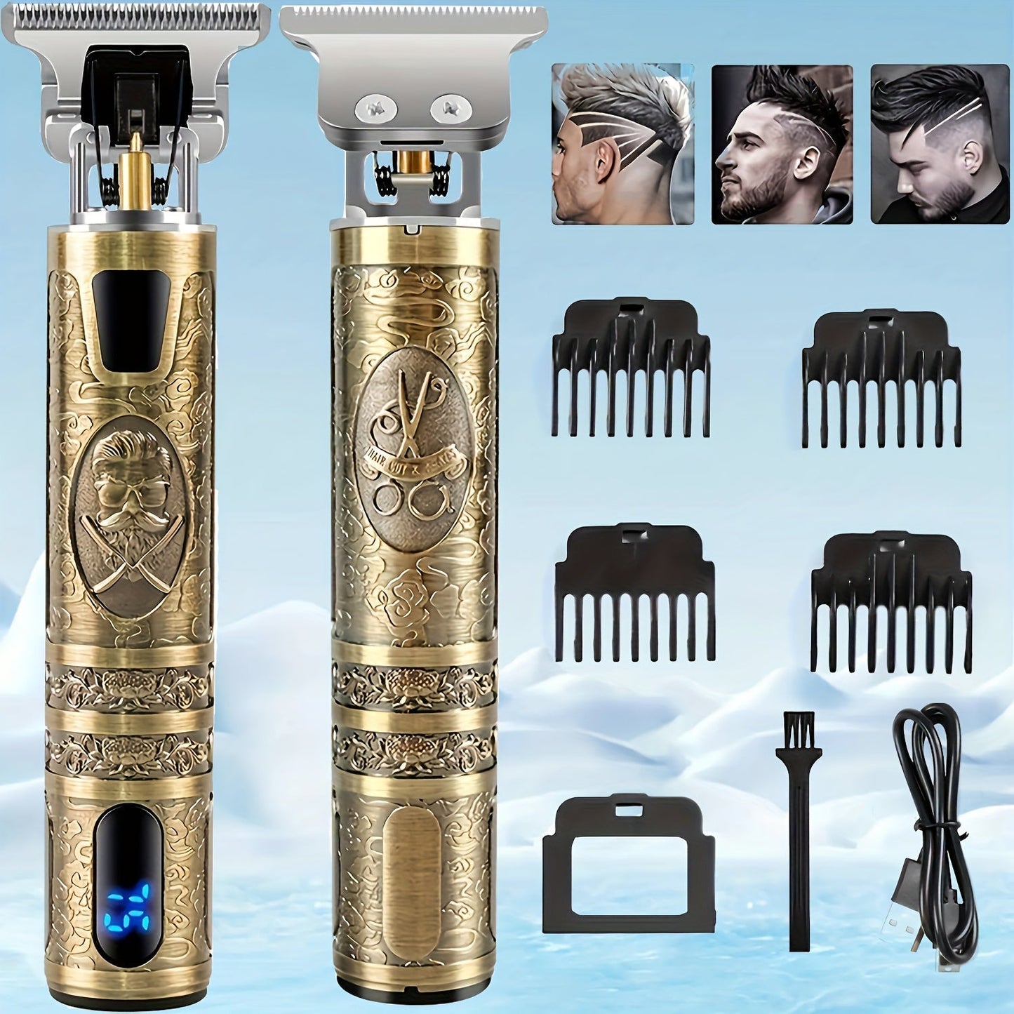 LED Hair Trimmer for Men – T-Blade USB Rechargeable 2000mAh, Vintage Dragon & Mustache Design, 4 Guide Combs, Cordless Precision Grooming