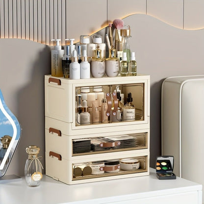 Modular Makeup Storage Cabinet with One or Two Doors, Two Transparent Drawers and White-Gold Trim