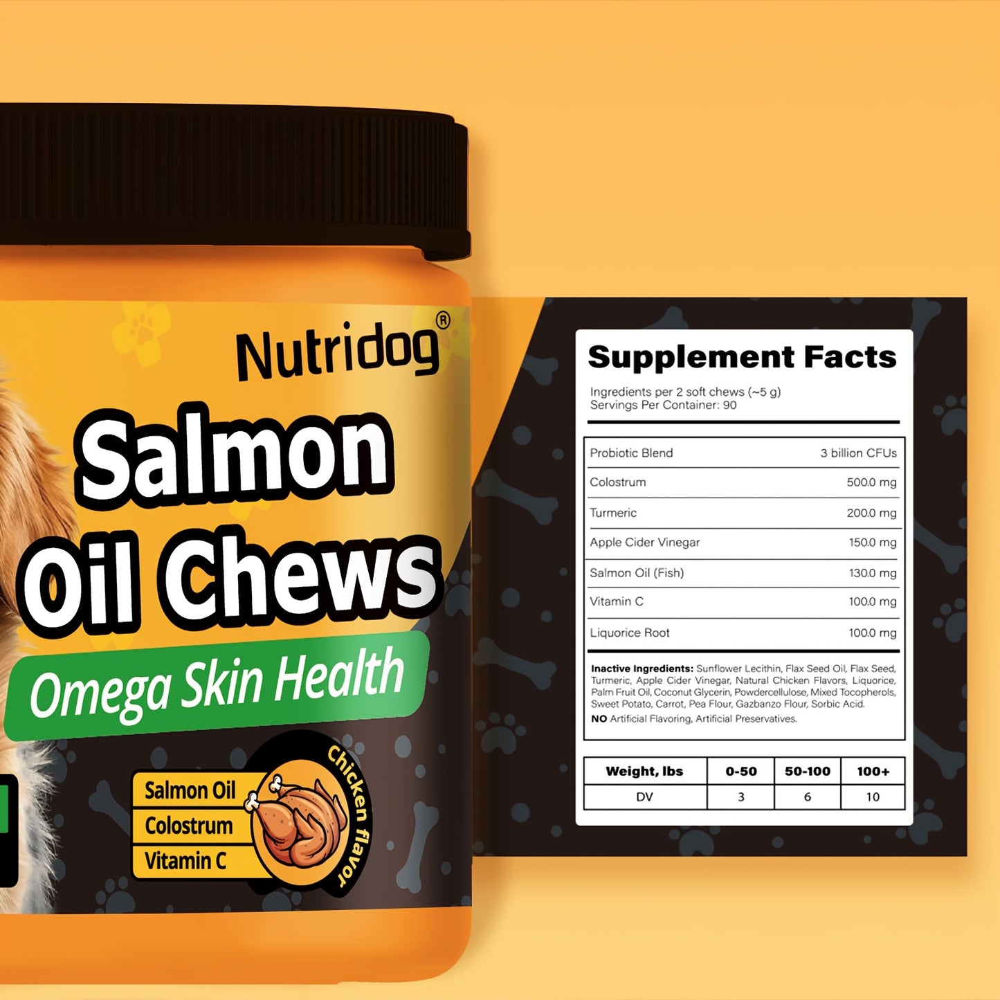 Dog Probiotic Chews with Salmon Oil – 90 Soft Chews for Coat & Gut Health | Chicken Flavor Nutritional Supplement for Dogs of All Ages