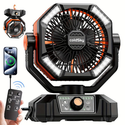 Camping Fan Battery Powered 20000mAh, Dual Motor 8-Speed Portable Tent Fan with Remote Control, 4 LED Lanterns and Hanging Hook