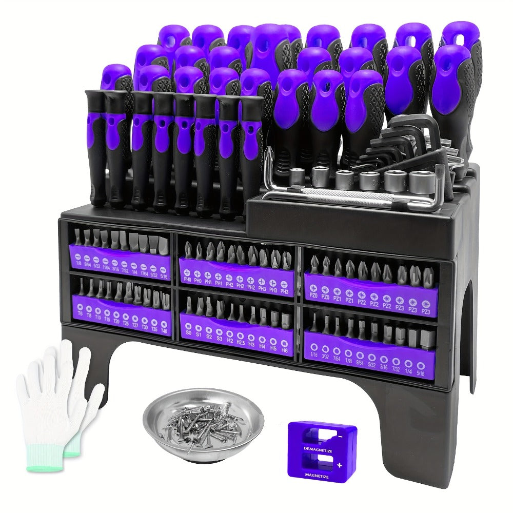 Purple 118-Piece Screwdriver Rack Set with Hand Drivers, Bit Rows, Hex Keys and Magnetic Parts Bowl
