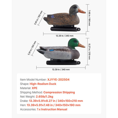 Duck Decoys 6-Pack – Realistic Floating Teal Decoy Set with Bionic Painting, XPE Compression Storage, 3 Male & 3 Female Ducks for Hunting
