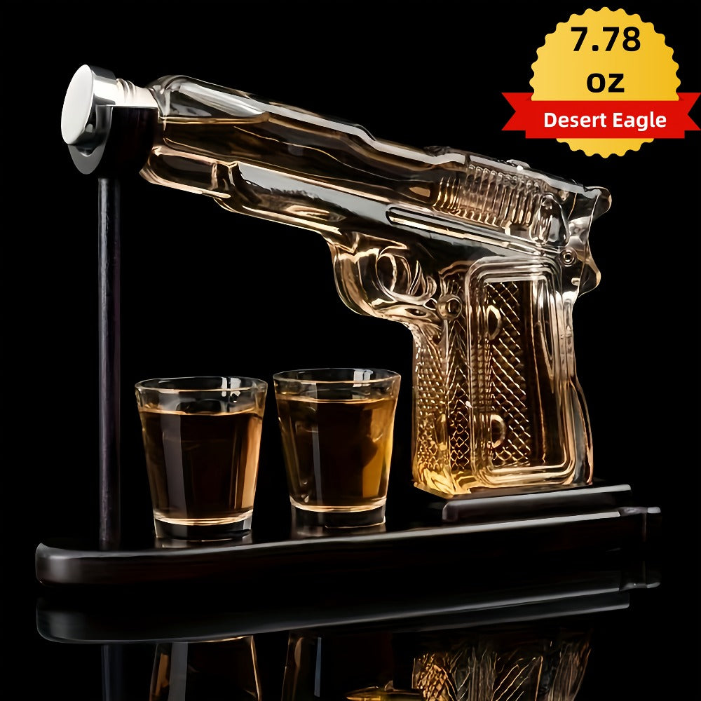 Whiskey Gun Decanter Set 10oz with 2 Bullet Shot Glasses & Wooden Stand, Handgun Shaped Liquor Decanter for Home Bar