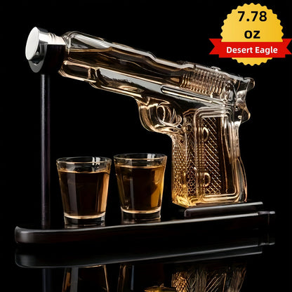 Whiskey Gun Decanter Set 10oz with 2 Bullet Shot Glasses & Wooden Stand, Handgun Shaped Liquor Decanter for Home Bar