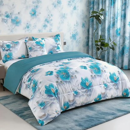 Botanical Floral Comforter and Pillowcase Set in Pink, Cyan or Lake Blue with Twin, Queen and King Sizes