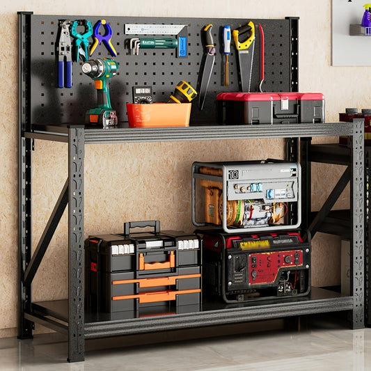 Four-Tier Metal Garage Storage Shelf with Wide Workbench Top and Lower Tool Organizer Space