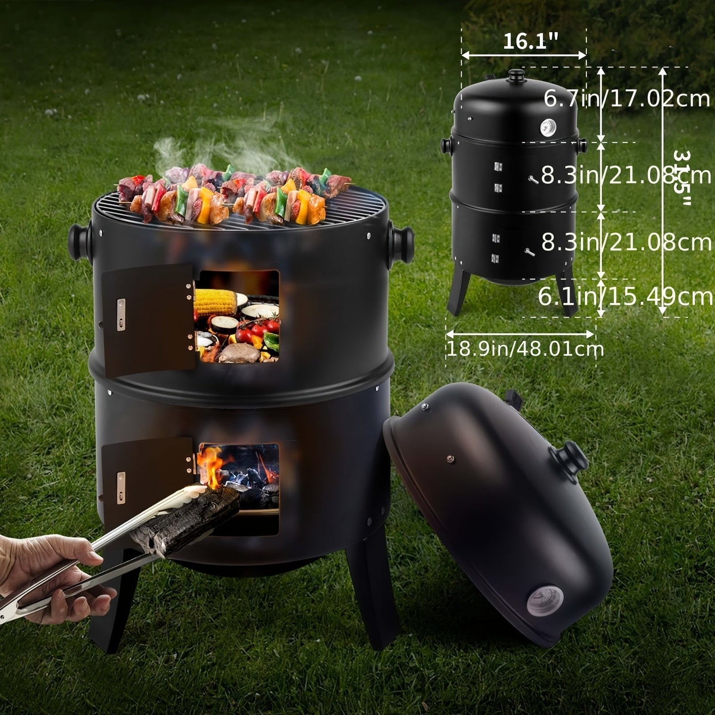 3-in-1 Barrel Charcoal Grill and Smoker with Two Access Doors, Top Vent, Thermometer and Upgrade Option