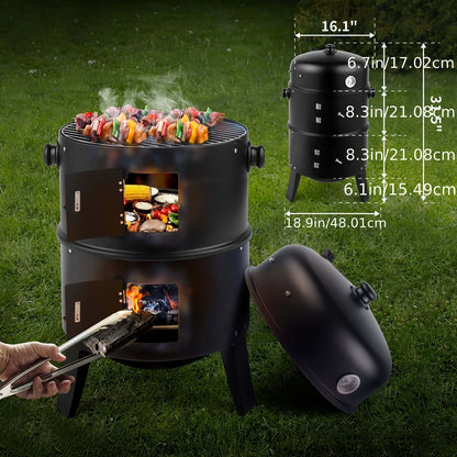 3-in-1 Barrel Charcoal Grill and Smoker with Two Access Doors, Top Vent, Thermometer and Upgrade Option