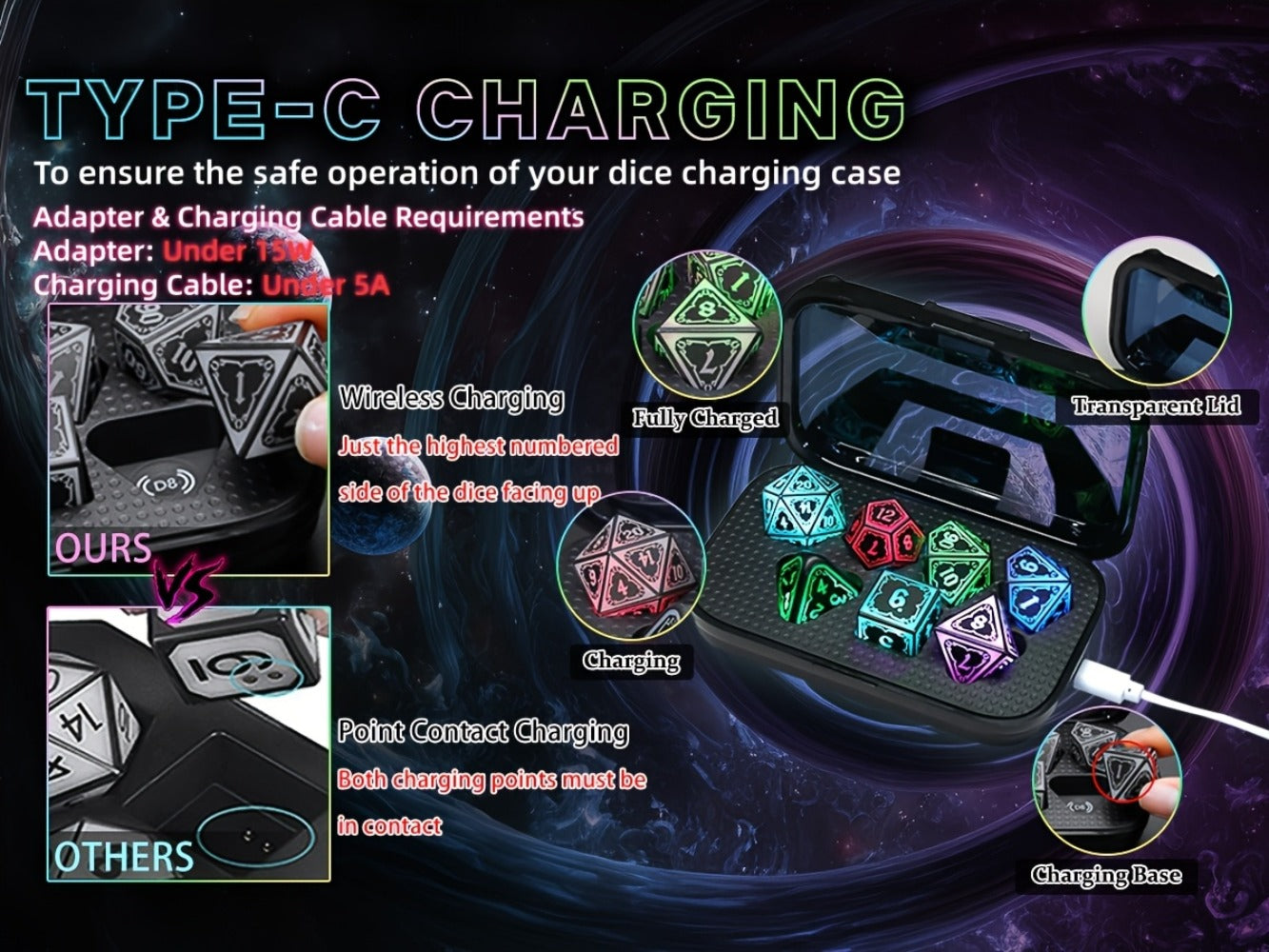 Glowing DnD Dice Set with Wireless Rechargeable Charging Case with the Listed Color, Size or Set Options for Everyday Use