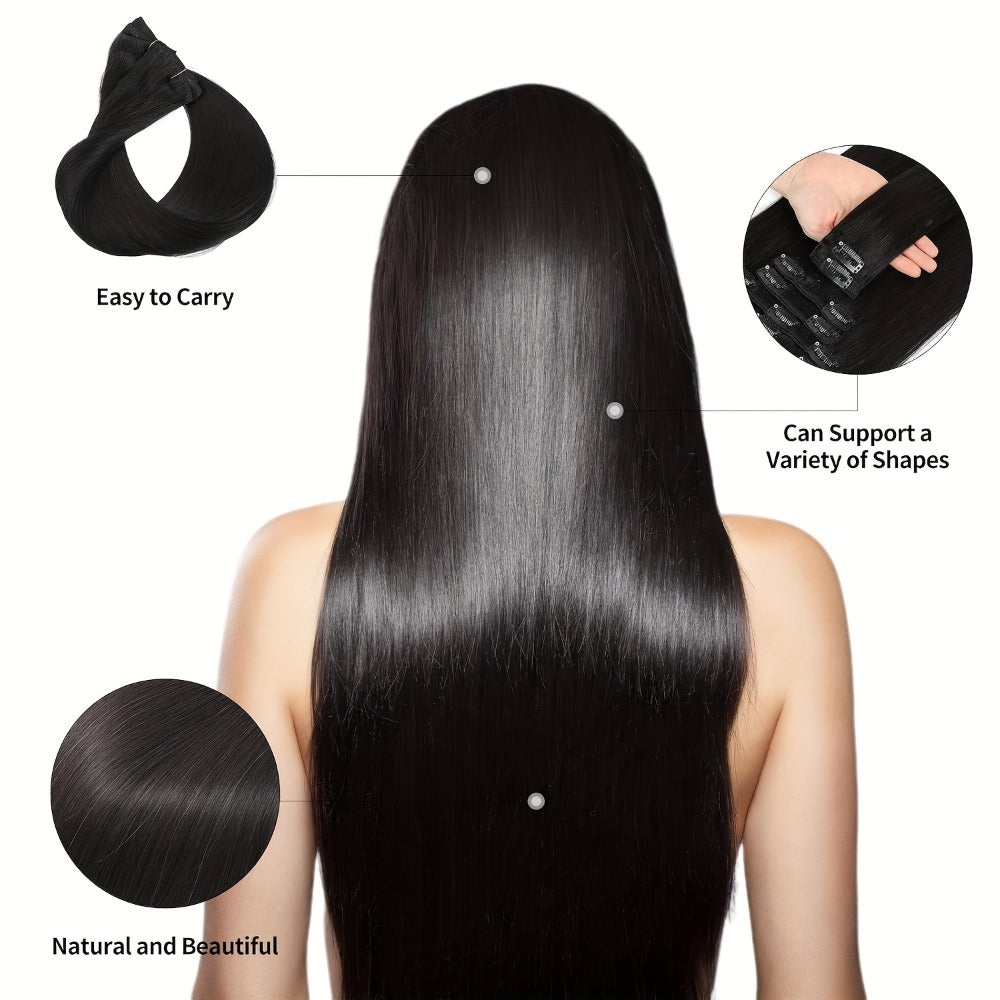 Hair Extensions Straight Brazilian Human Hair Clip-In Set with Eight Wefts, 18 Clips and Six Length Options