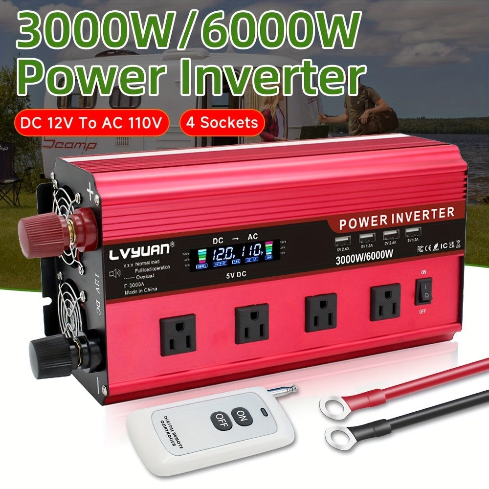 Multi-Format Car Power Inverter with 200W, 1000W or 3000W Labels in Red and Black Options for Vehicles