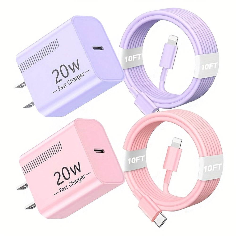 20W iPhone Fast Charger Bundle 3-Pack with 10ft L-Shaped Lightning Cable, 3 Chargers + 3 Cables Set for iPhone 14 13 12 11 Pro Max SE XR