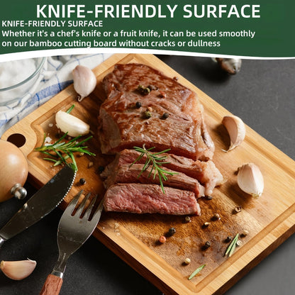 Cutting Board Three-Piece Bamboo Set with Juice Grooves, Carry Handles and Three Nested Sizes