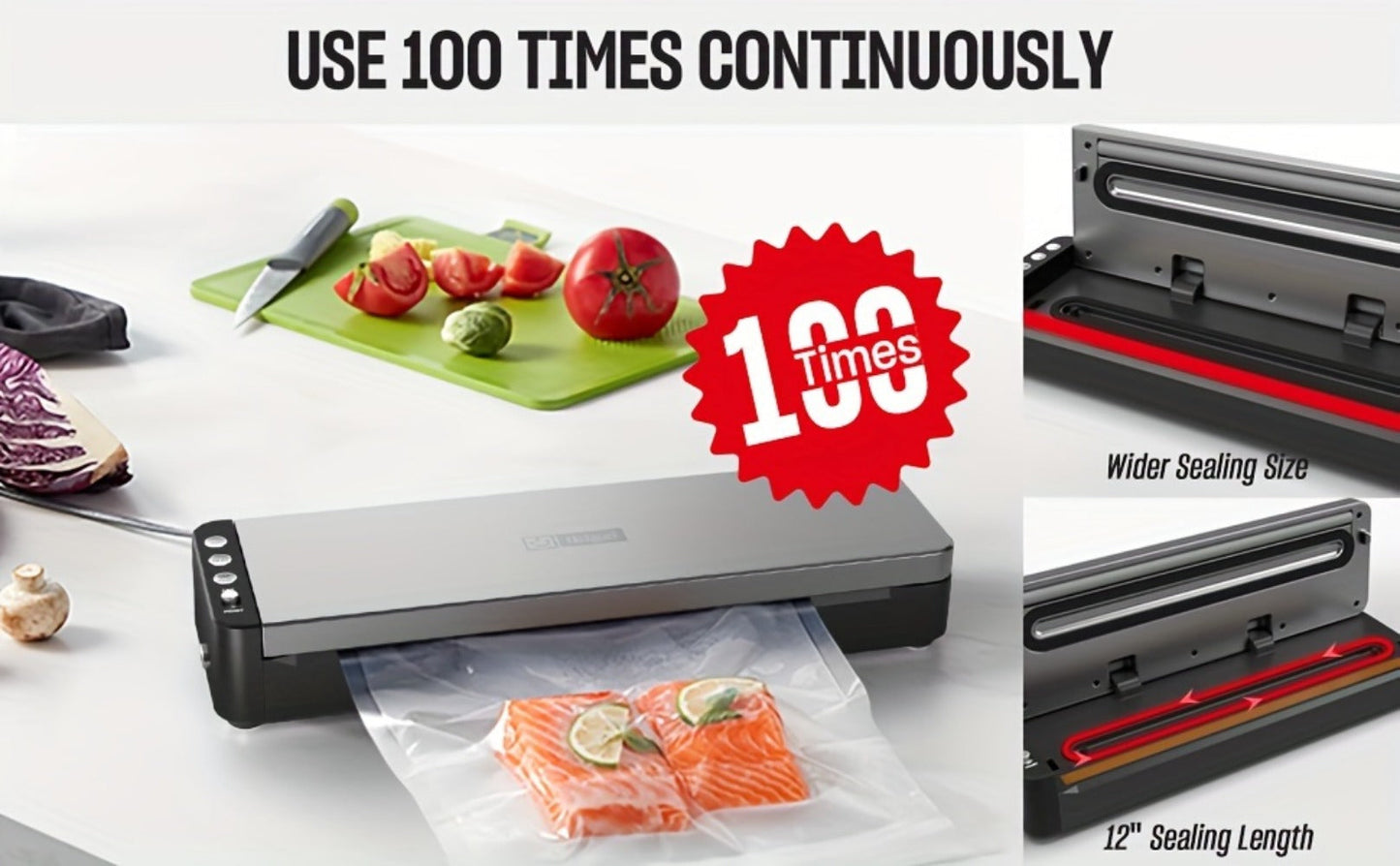 Vacuum Sealer Machine 80kPa Powerful Suction Food Sealer 125W Dry Wet Modes Stainless Steel for Home Cooking, Dining and Outdoor Meals