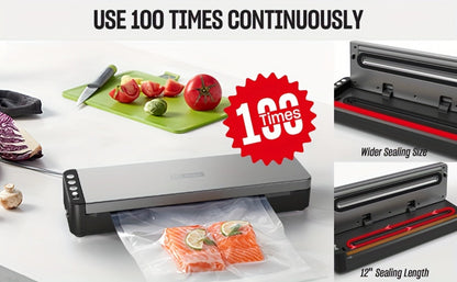 Vacuum Sealer Machine 80kPa Powerful Suction Food Sealer 125W Dry Wet Modes Stainless Steel for Home Cooking, Dining and Outdoor Meals