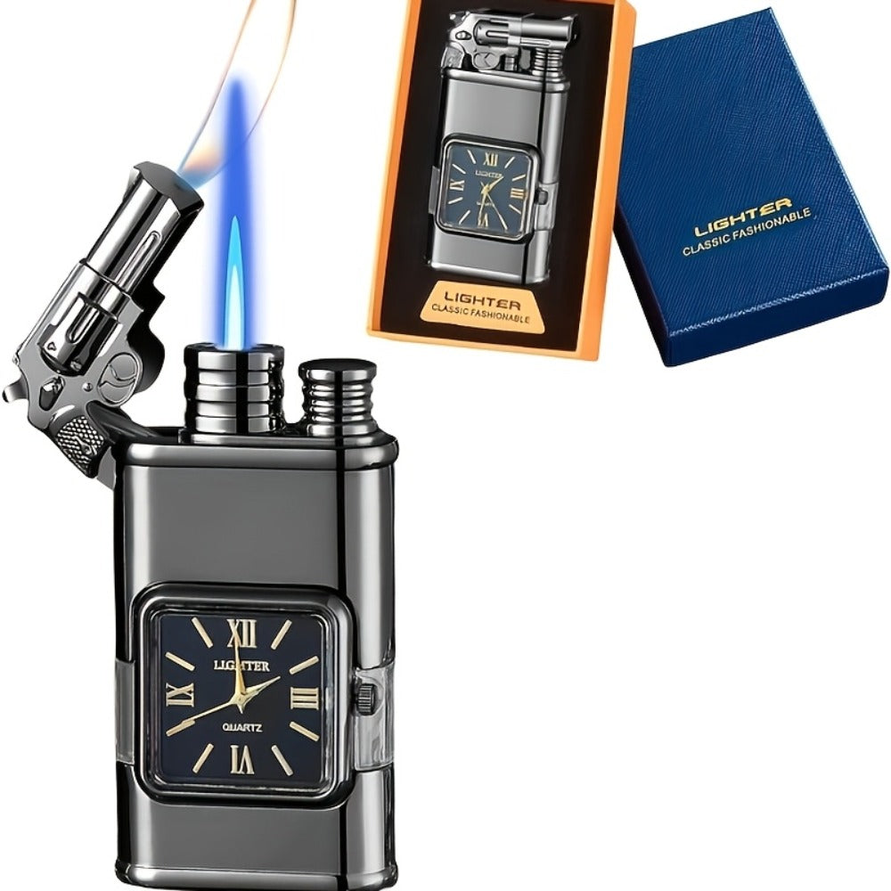 Double Flame Windproof Lighter Creative Retro Metal Lighter Dragon Eagle Gun Shape Quartz Dial Portable Outdoor Lighter Men Gift Box Butane