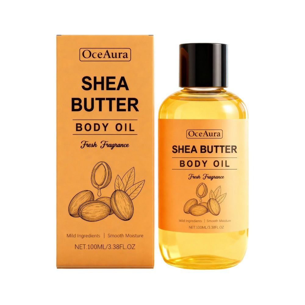 Shea Butter Body Oil, Two-Piece Set of 100ml Flip-Top Bottles with Coordinated Orange Labels