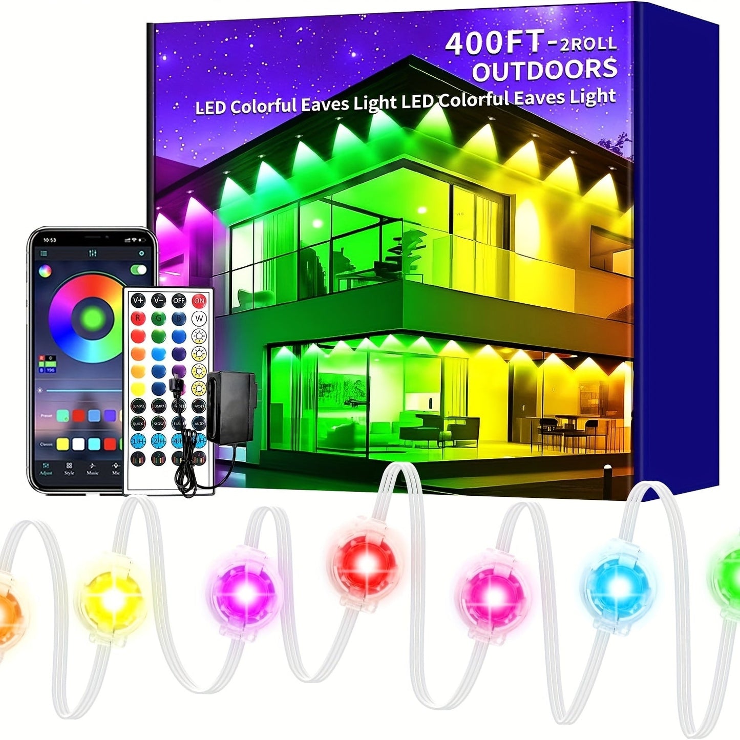 RGB Eave String Light Kit from 50ft to 400ft with Plug-In Adapter, App and Handheld Remote