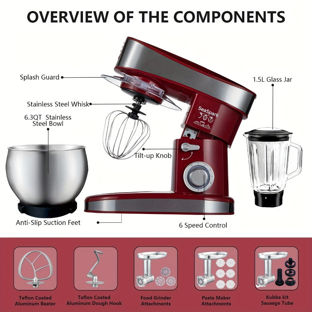 Stand Mixer 6-in-1 400W with 6.3QT Stainless Steel Bowl for Home Cooking, Dining and Outdoor Meals