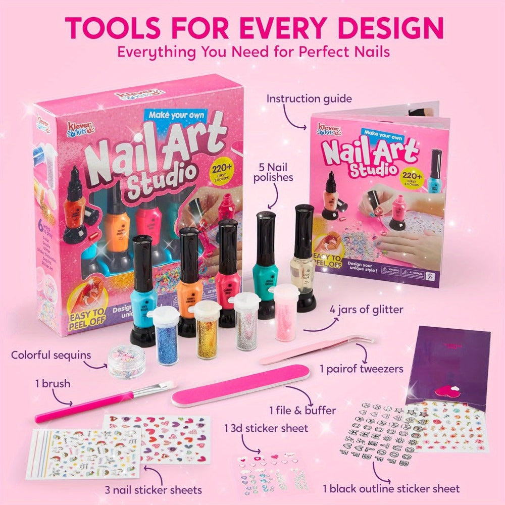 Kids Nail Art Kit for Girls, Nail Polish Set with Glitter Stickers & Sequins 220+ Designs for Home and Salon Manicures