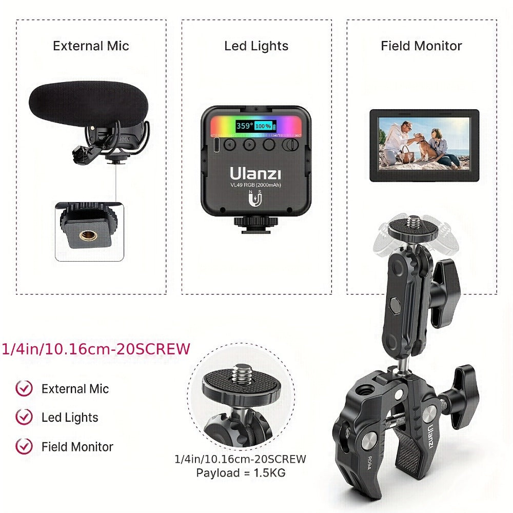ULANZI Super Clamp 360° Ballhead Magic Arm Double Ball Head Camera Mount with 1/4"-20 & 3/8"-16 Thread for Canon Nikon DSLR