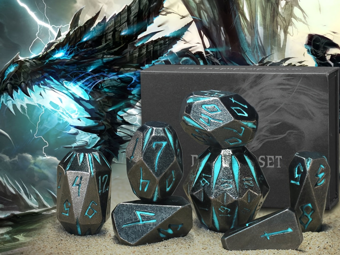 Metal DnD Dice Set 7pcs Glow in the Dark, Stonehenge Zinc Alloy Polyhedral Dice with Display Box