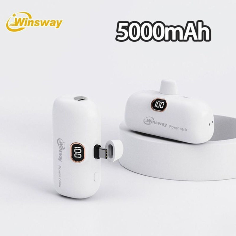 Power Bank 5000mAh Mini USB-C Plug-In Style with Digital Display in Pink or White for Travel