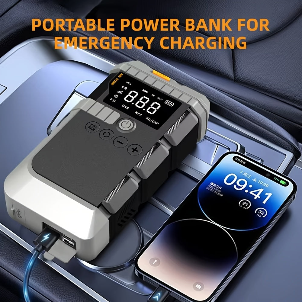 Jump Starter Power Bank 10000A 4-in-1 with 150 PSI Air Compressor LED Emergency Light USB Charging for Garden, Patio and Yard Use