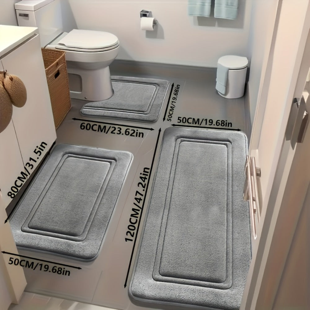 Three-Piece Bathroom Mat Set with 50 × 120, 50 × 80 and 50 × 60 cm Rugs in Five Solid Colors